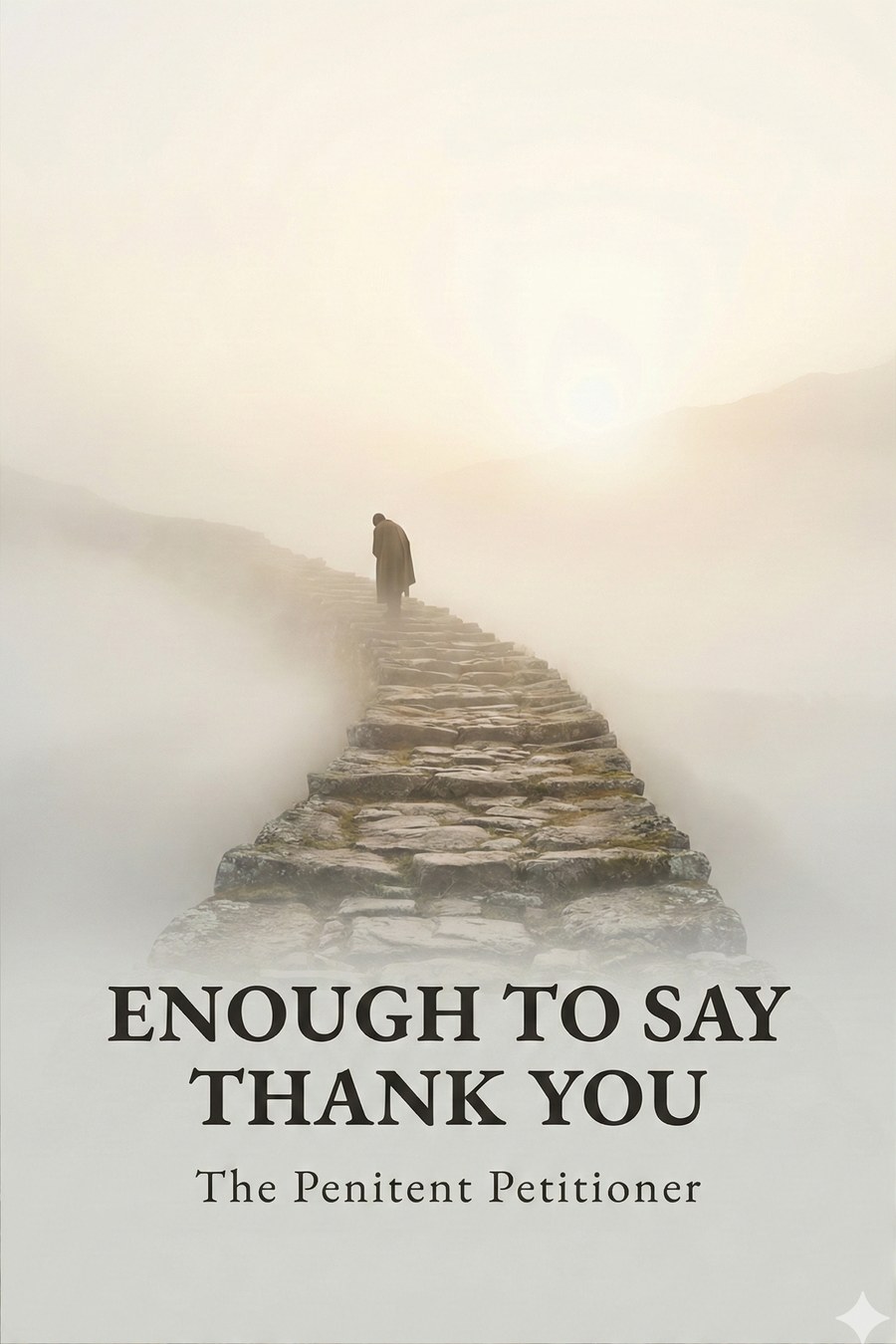 The cover of Enough to Say Thank You: a lone figure walking a stone path uphill into mist.